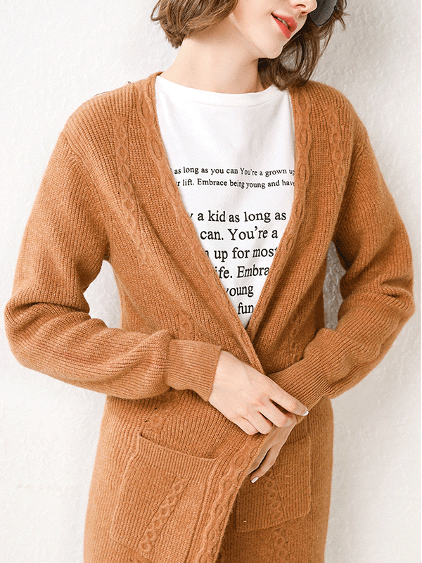 Khaki Knit Oversize Cardigans with Pockets Front