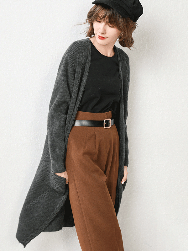 Black Knit Oversize Cardigans with Pockets Front