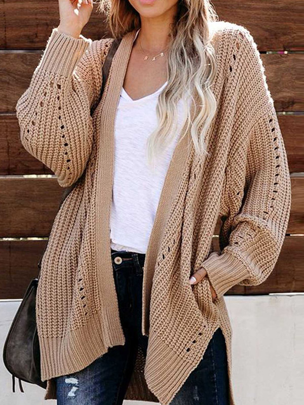 Brown Side Split Oversize Cardigans with Pockets