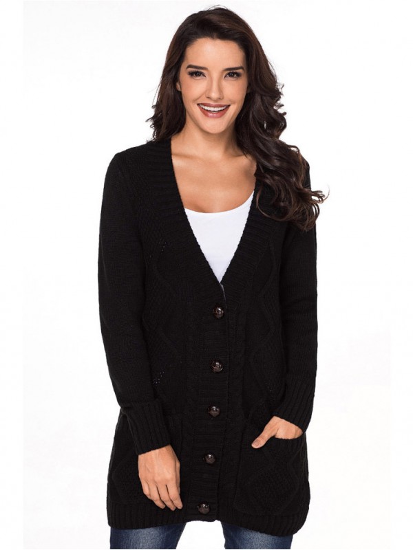 Black Knit Midi Cardigans with Pockets