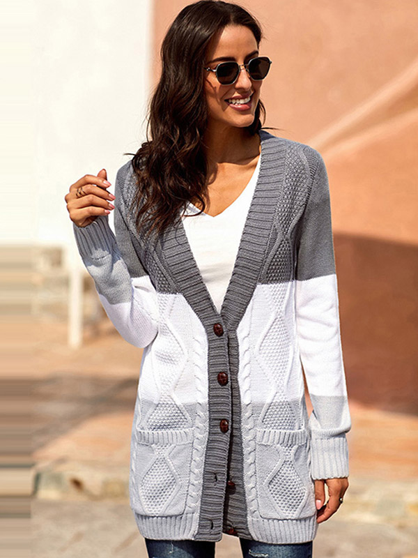 Grey Slicing Knit Midi Cardigans with Pockets