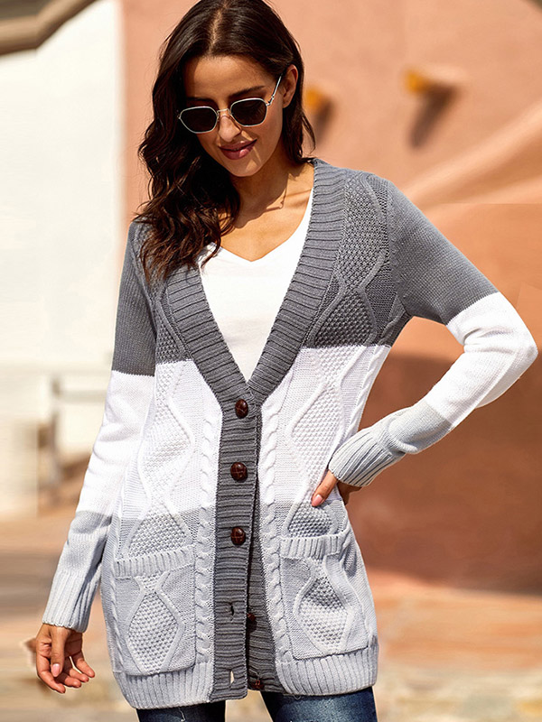 Grey Slicing Knit Midi Cardigans with Pockets