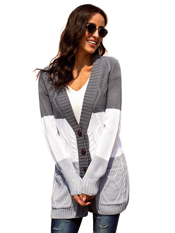 Grey Slicing Knit Midi Cardigans with Pockets