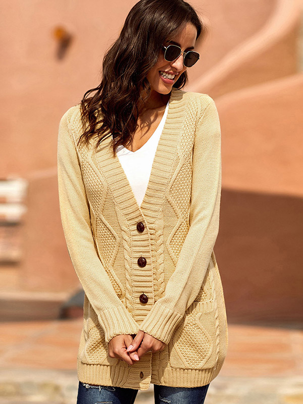 Brown Knit Midi Cardigans with Pockets