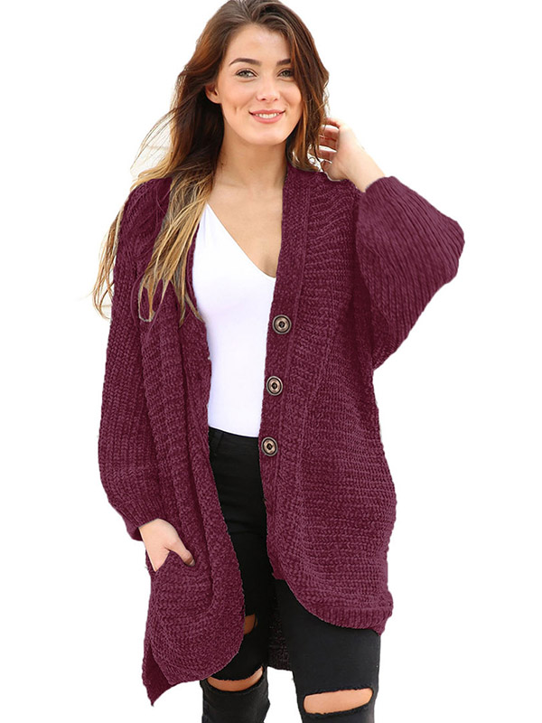 Burgundy Oversize Chenille Single-breasted Cardigan