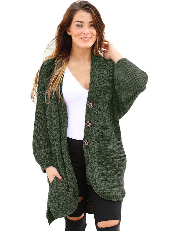 Green Oversize Chenille Single-breasted Cardigan