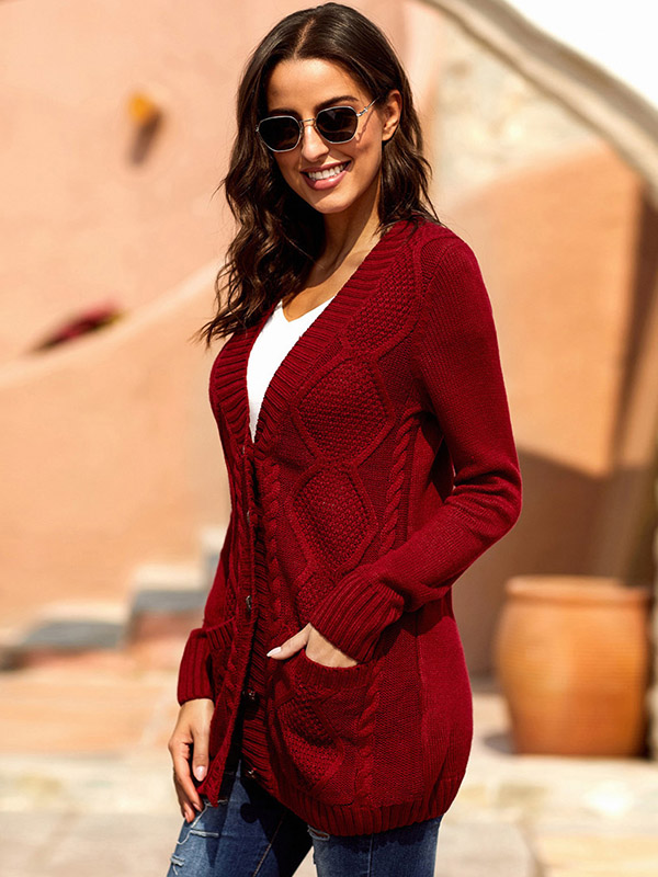 Red Single-breasted Cable Knit Cardigan