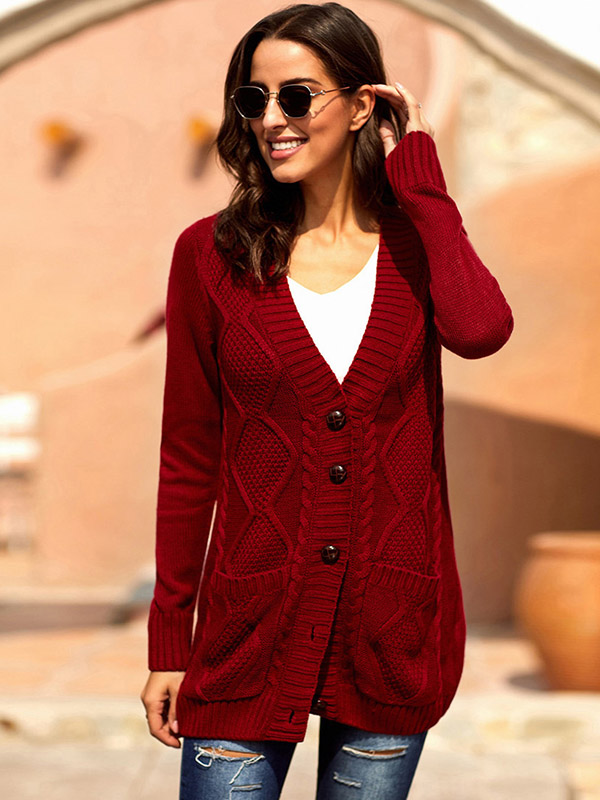 Red Single-breasted Cable Knit Cardigan