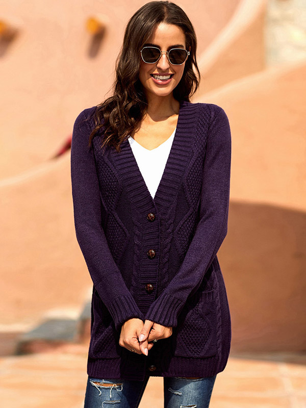 Purple Single-breasted Cable Knit Cardigan