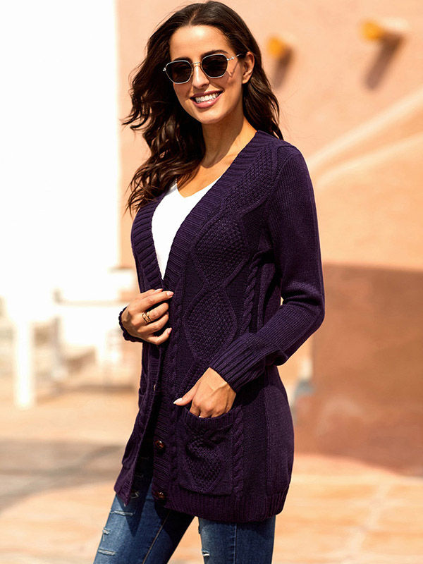 Purple Single-breasted Cable Knit Cardigan