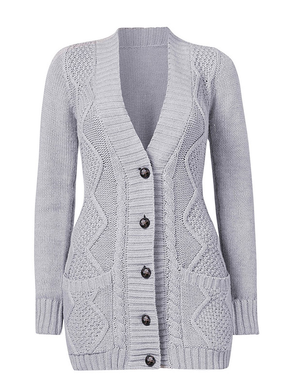 Light Grey Single-breasted Cable Knit Cardigan