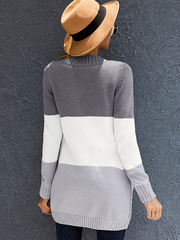 Grey Color Block Single-breasted Cable Knit Cardigan