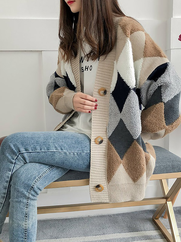 Khaki Diamond Pattern Knit Cardigan