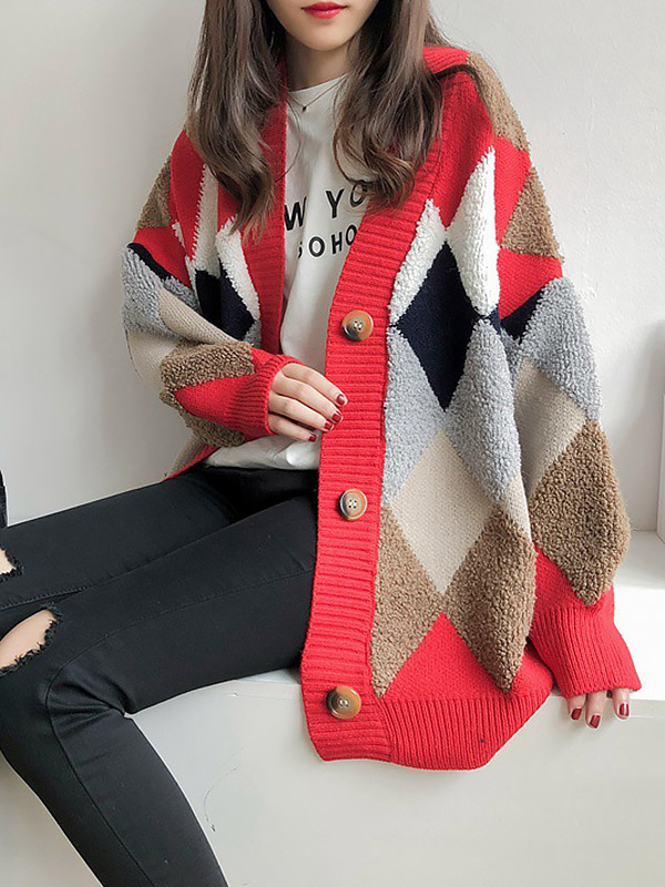 Red Diamond Pattern Knit Cardigan