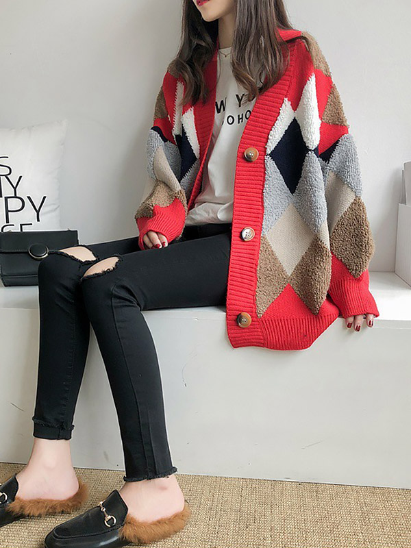 Red Diamond Pattern Knit Cardigan