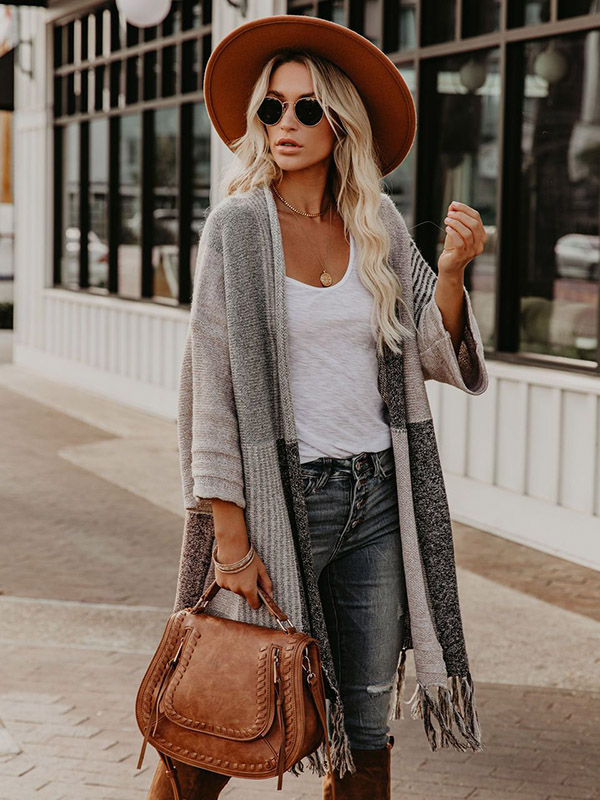 Grey Long Cardigan with Tassel