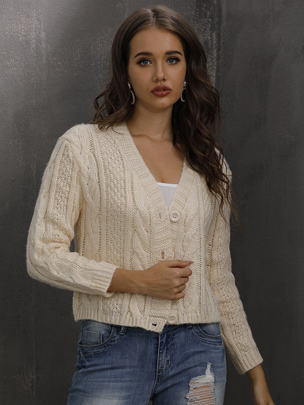 Beige V Neck Single-breasted Cropped Cardigan