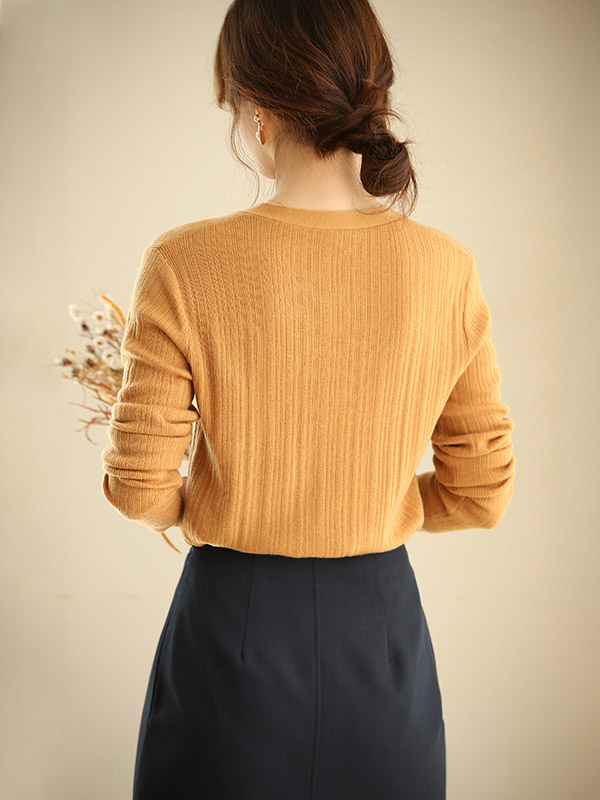 Yellow V-neck Knit Cardigan with Pockets