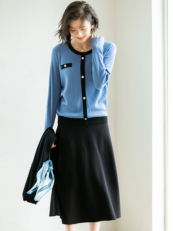 Blue Round Neck Color Block Cardigan