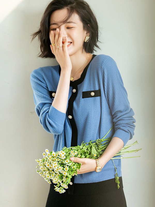 Blue Round Neck Color Block Cardigan