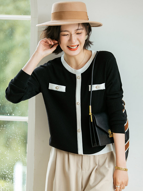 Black Round Neck Color Block Cardigan