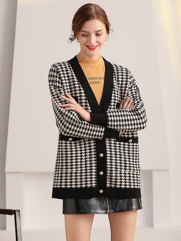 Black Houndstooth Print Knit Cardigan