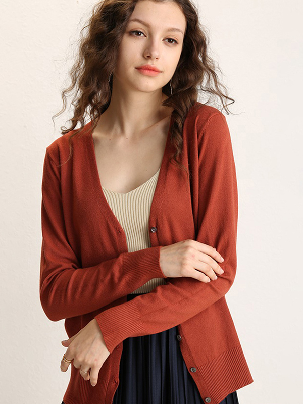 Brick Red Texture Details Midi Knit Cardigan