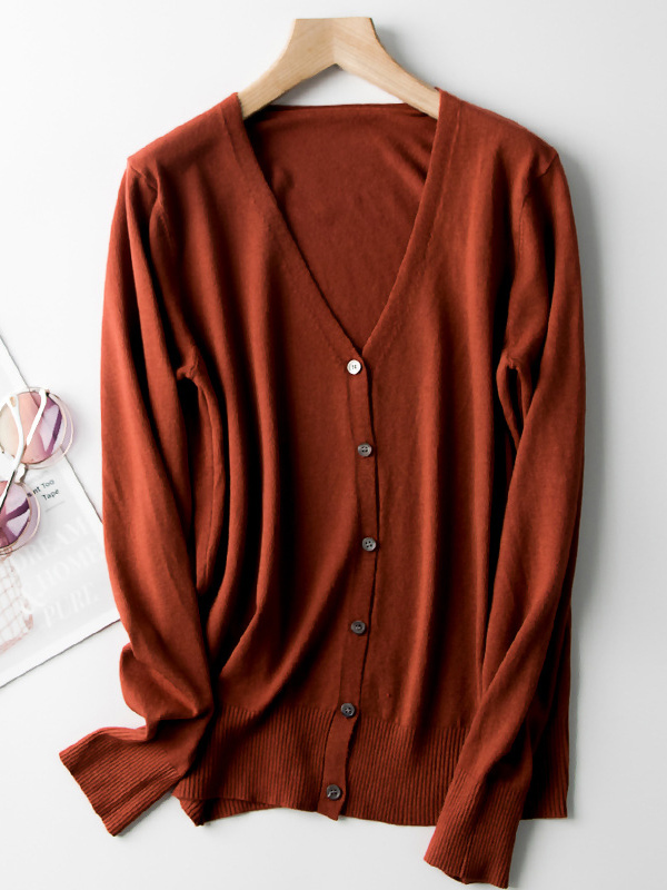 Brick Red Texture Details Midi Knit Cardigan