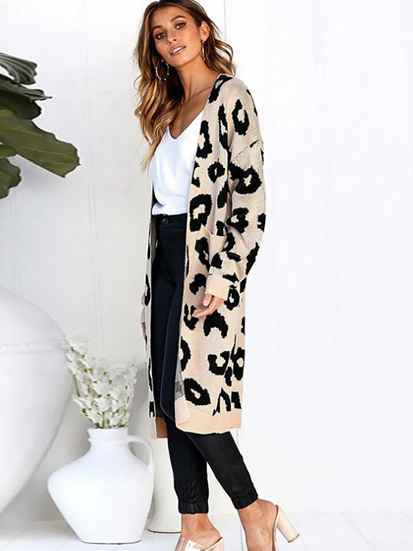 Khaki Oversize Maxi Knit Cardigan with Leopard Pattern