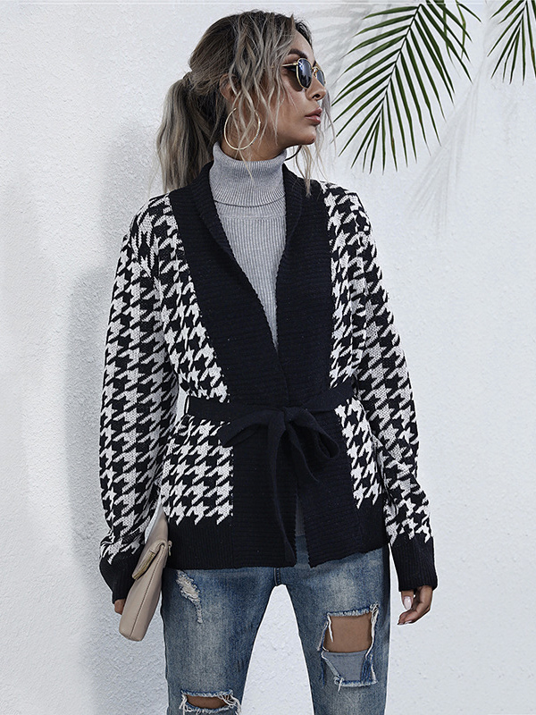 Black Houndstooth Pattern Knit Cardigan