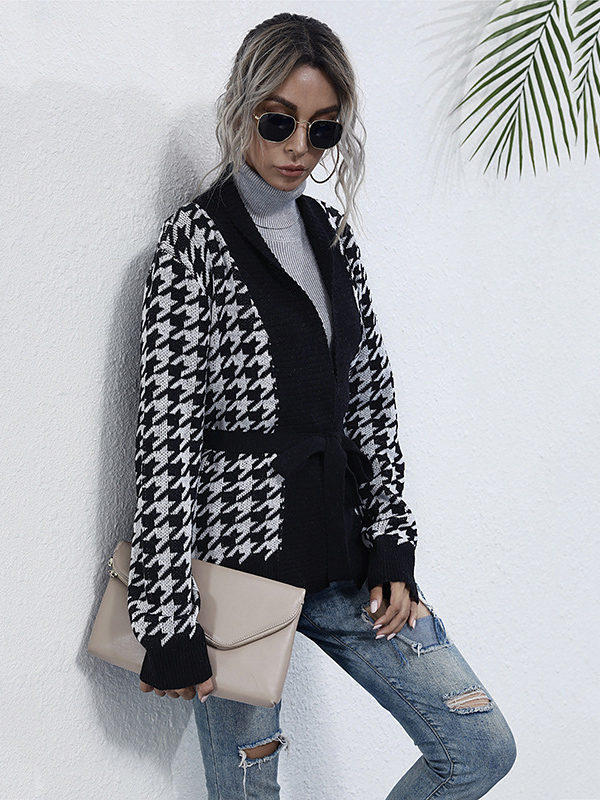 Black Houndstooth Pattern Knit Cardigan