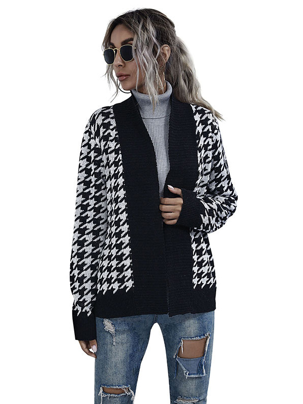 Black Houndstooth Pattern Knit Cardigan