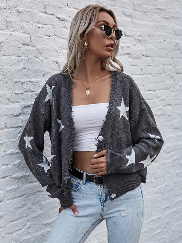 Grey Oversize Shiny Star Knit Cardigan