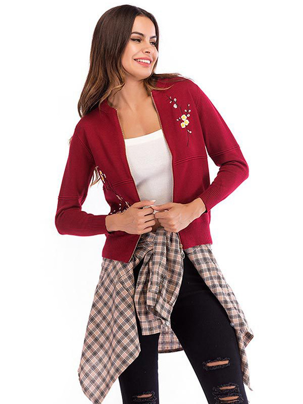 Red Embroidery Knit Bomber Cardigan