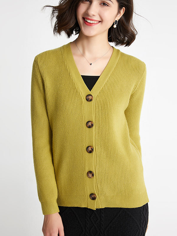 Green Elegant V-neck Knit Cardigan