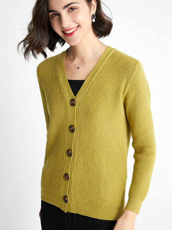 Green Elegant V-neck Knit Cardigan