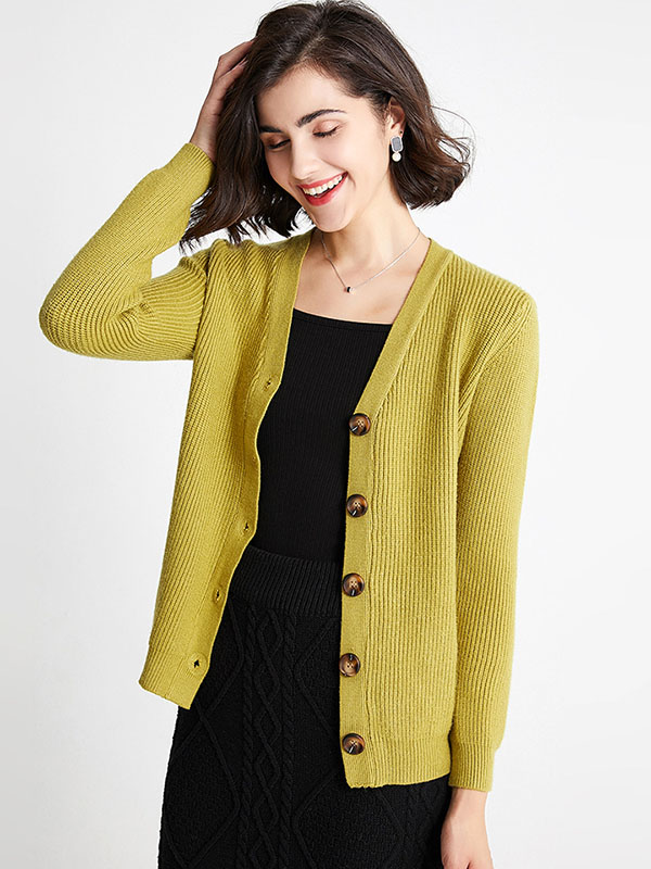 Green Elegant V-neck Knit Cardigan