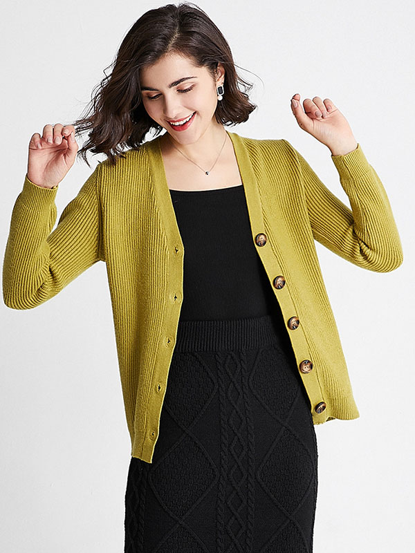 Green Elegant V-neck Knit Cardigan