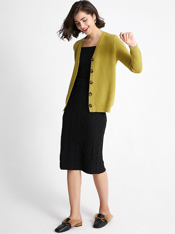 Green Elegant V-neck Knit Cardigan