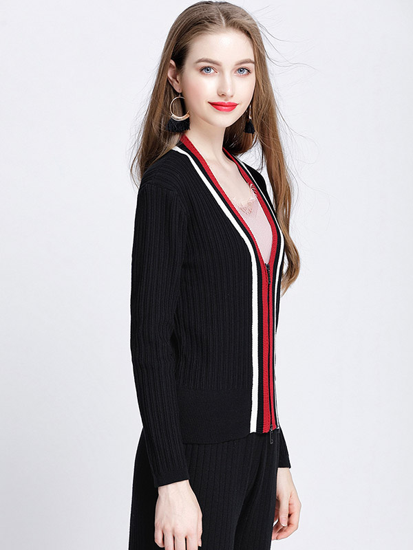 Black Contrast Zip Fastening Knit Cardigan