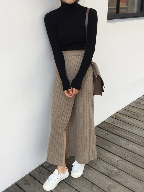 Khaki Split Knitted Skirts