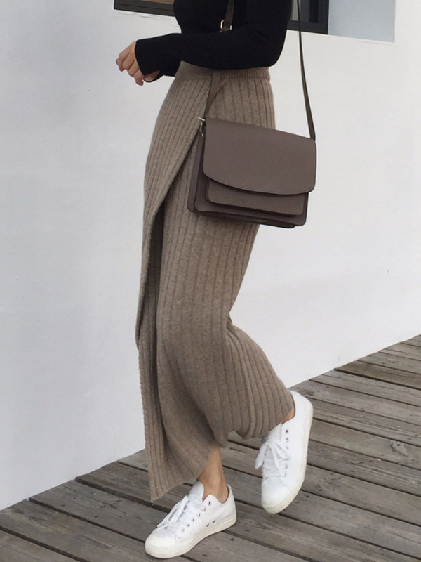 Khaki Split Knitted Skirts