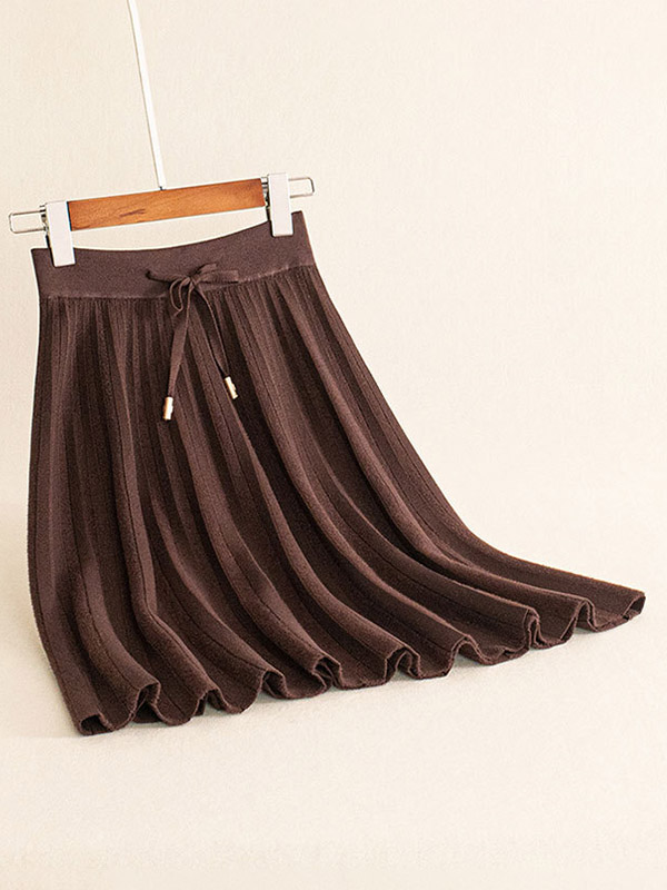 Brown Elastic Waist Midi Knitted Skirts