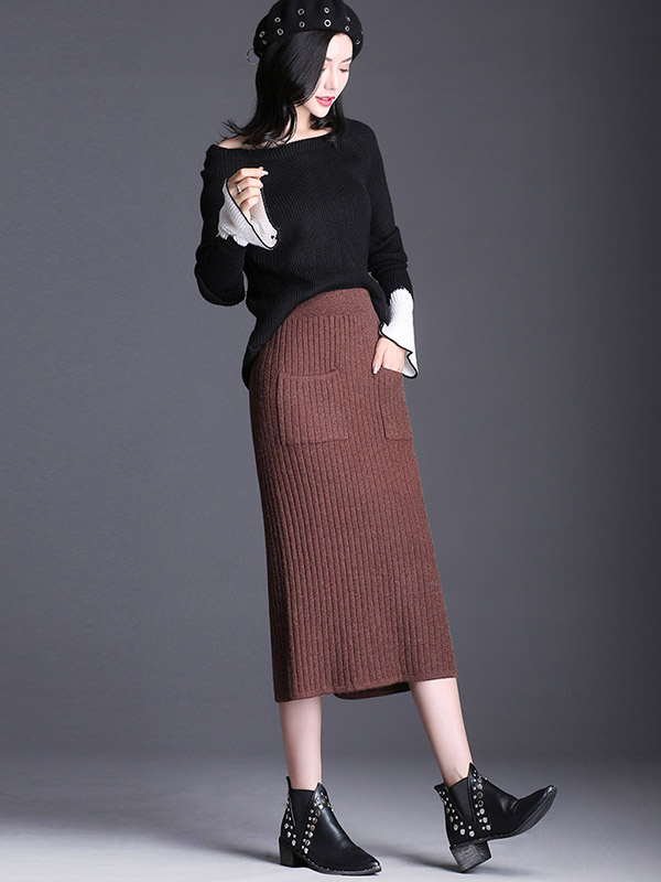 Brown Front Pocket Wrap Knitted Skirts