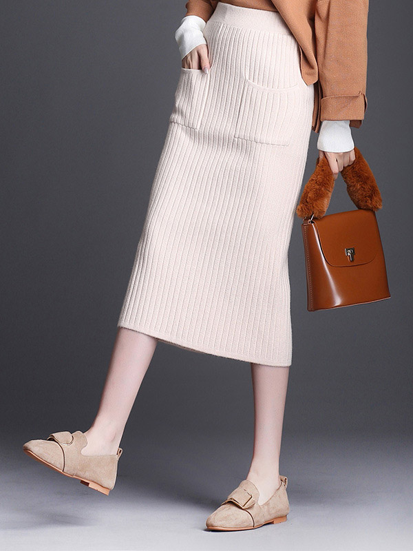 Beige Front Pocket Wrap Knitted Skirts