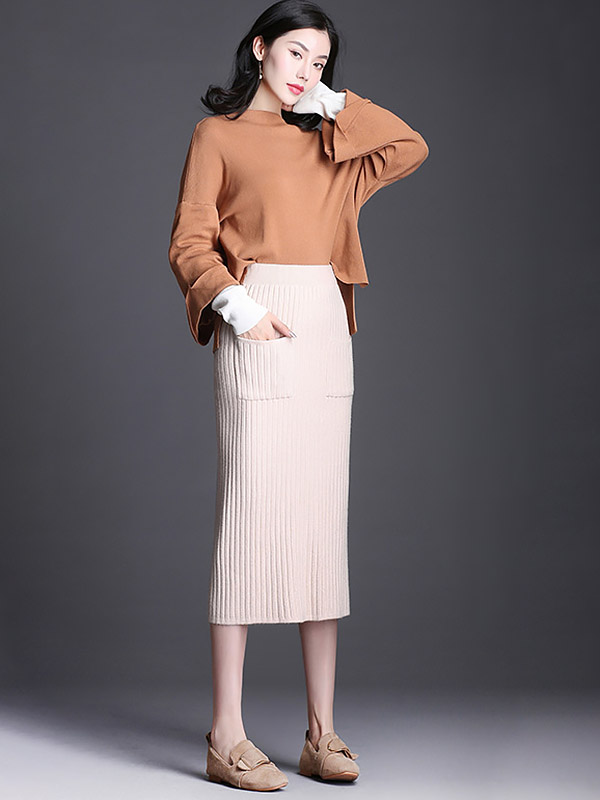 Beige Front Pocket Wrap Knitted Skirts