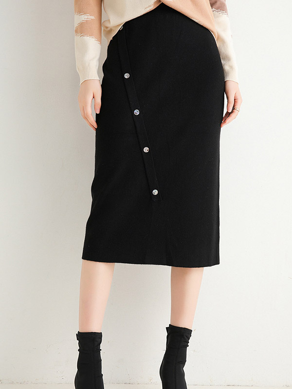 Black Oblique Button Wrap Maxi Knitted Skirts