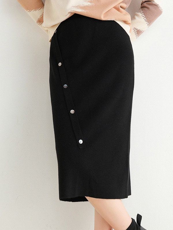 Black Oblique Button Wrap Maxi Knitted Skirts