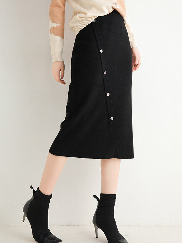 Black Oblique Button Wrap Maxi Knitted Skirts