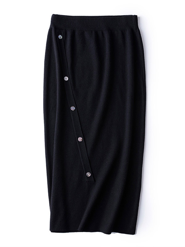 Black Oblique Button Wrap Maxi Knitted Skirts